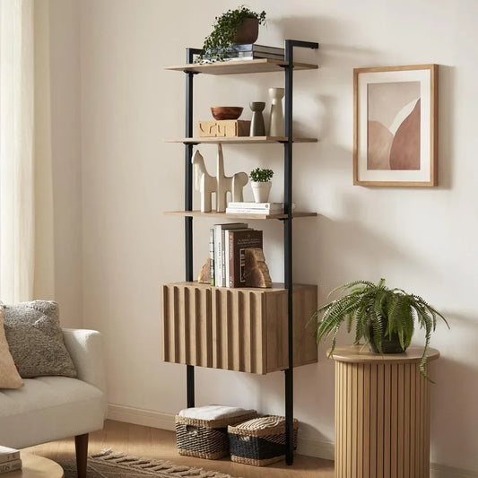 Norwin Ladder Book Shelf – Slim Wall Bookshelf, Farmhouse Industrial Narrow Organizer & Display Shelves for Living Room