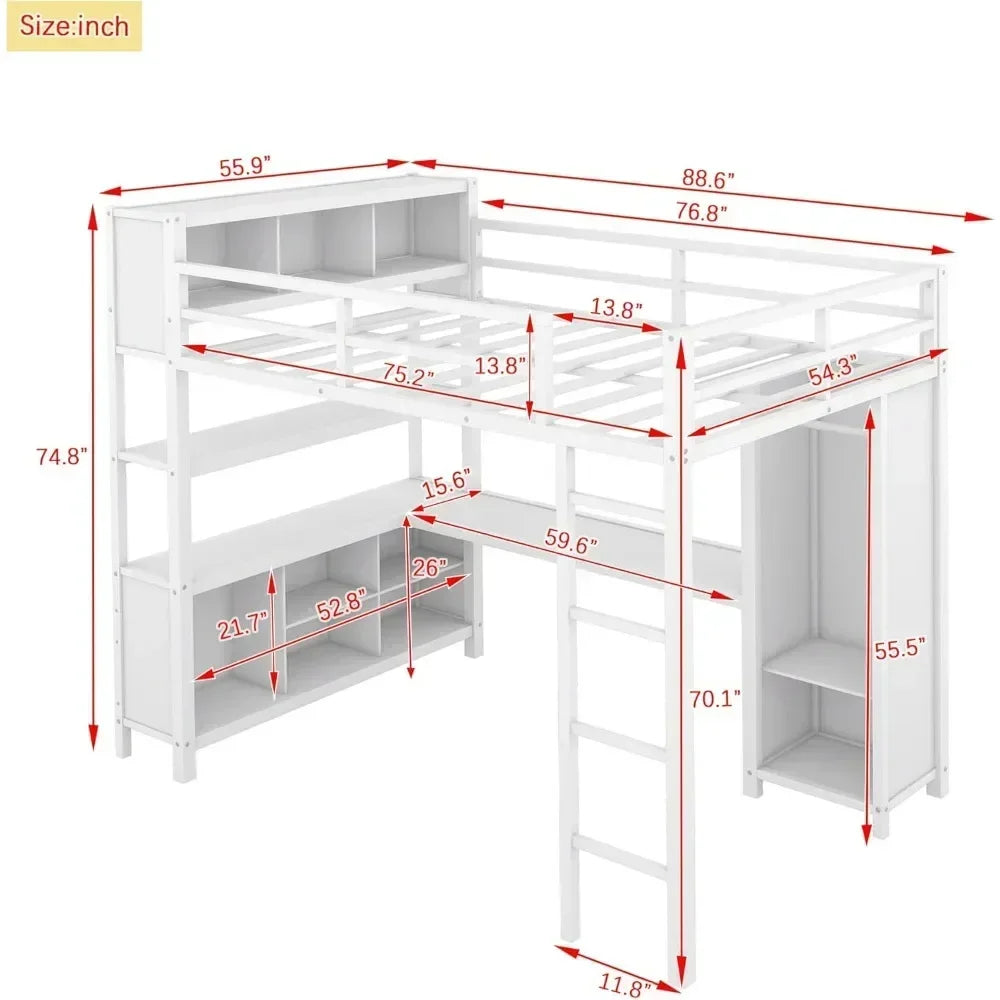 Heavy Duty Full Loft Bed with Storage Cubes, Shelves, Desk & Wardrobe