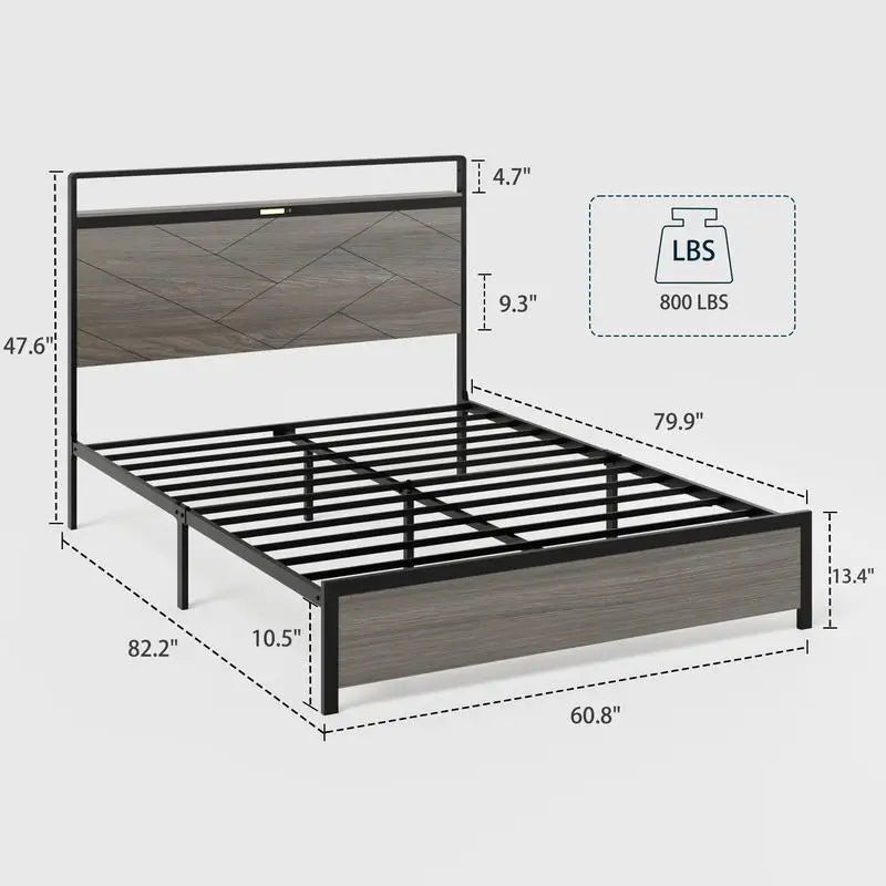 Queen Size Wooden Platform Bed Frame with Storage, LED Headboard & USB, No Box Spring Needed