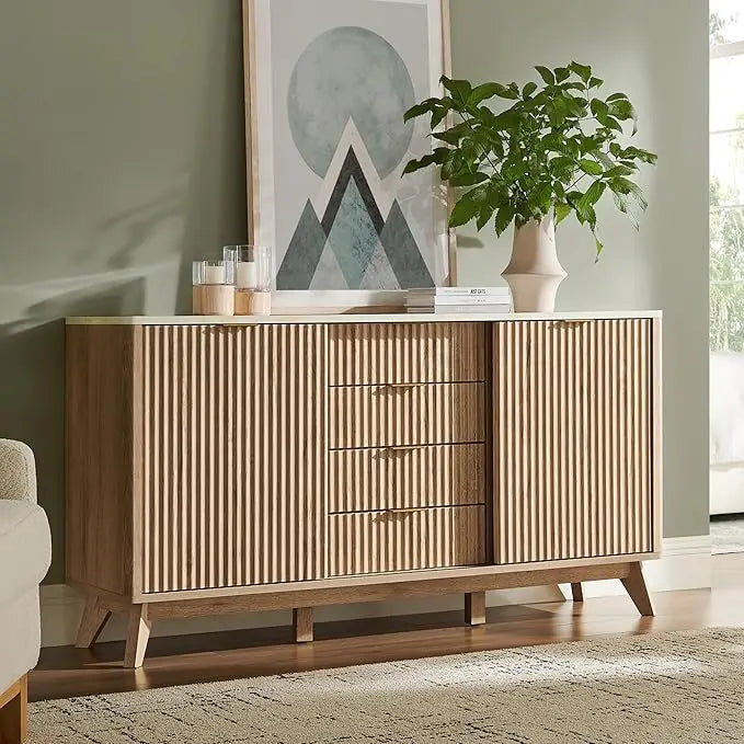 Fluted Dresser with Sliding Doors & Faux Marble Top