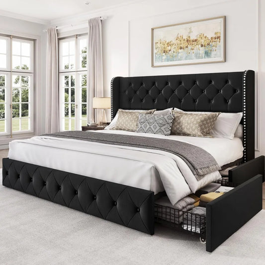 LARMACE King Size Velvet Upholstered Platform Bed – Modern Bed Frame with Headboard