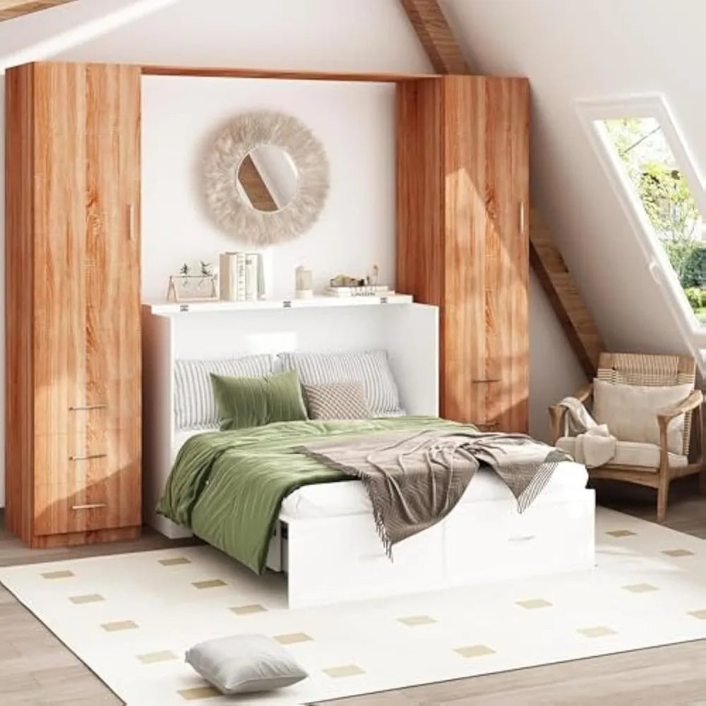ECACAD 2-in-1 Murphy Cabinet Bed – Full Size Frame with Power Strip & 3 Storage Drawers