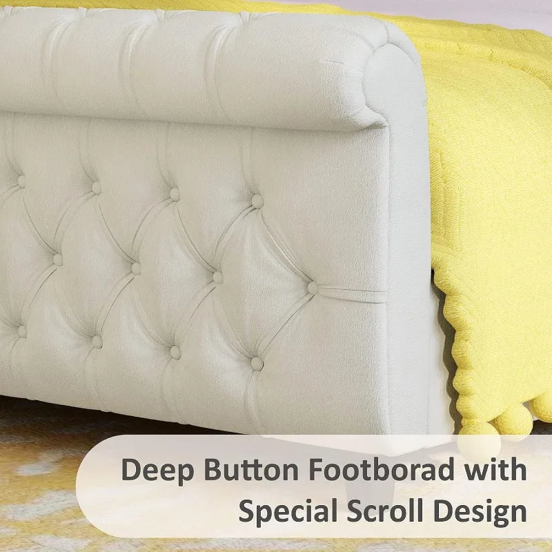 King Size Chenille Upholstered Sleigh Platform Bed, Curved Headboard & Footboard, Tufted Design