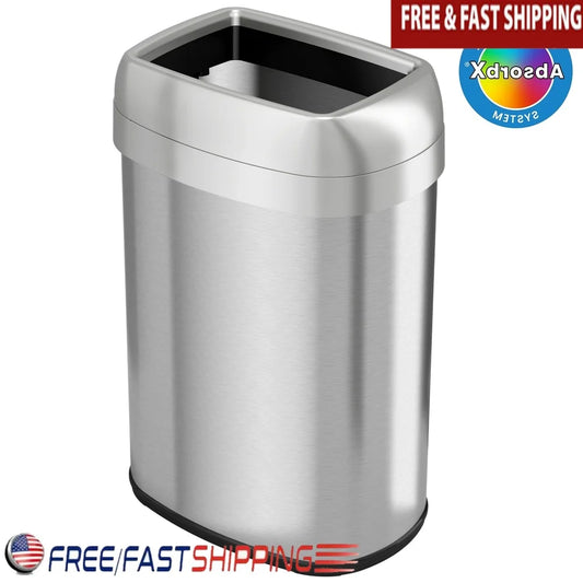 Commercial Grade 13 Gallon Elliptical Open Top Trash Can Dual Odor Filters Touchless Slim Design Kitchen Office Garage
