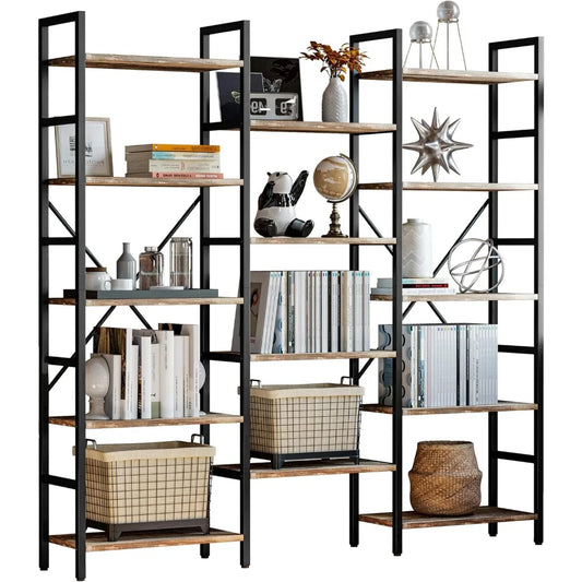 Triple Wide 5-Tier Industrial Bookshelf – Large Open Etagere with Metal Frame