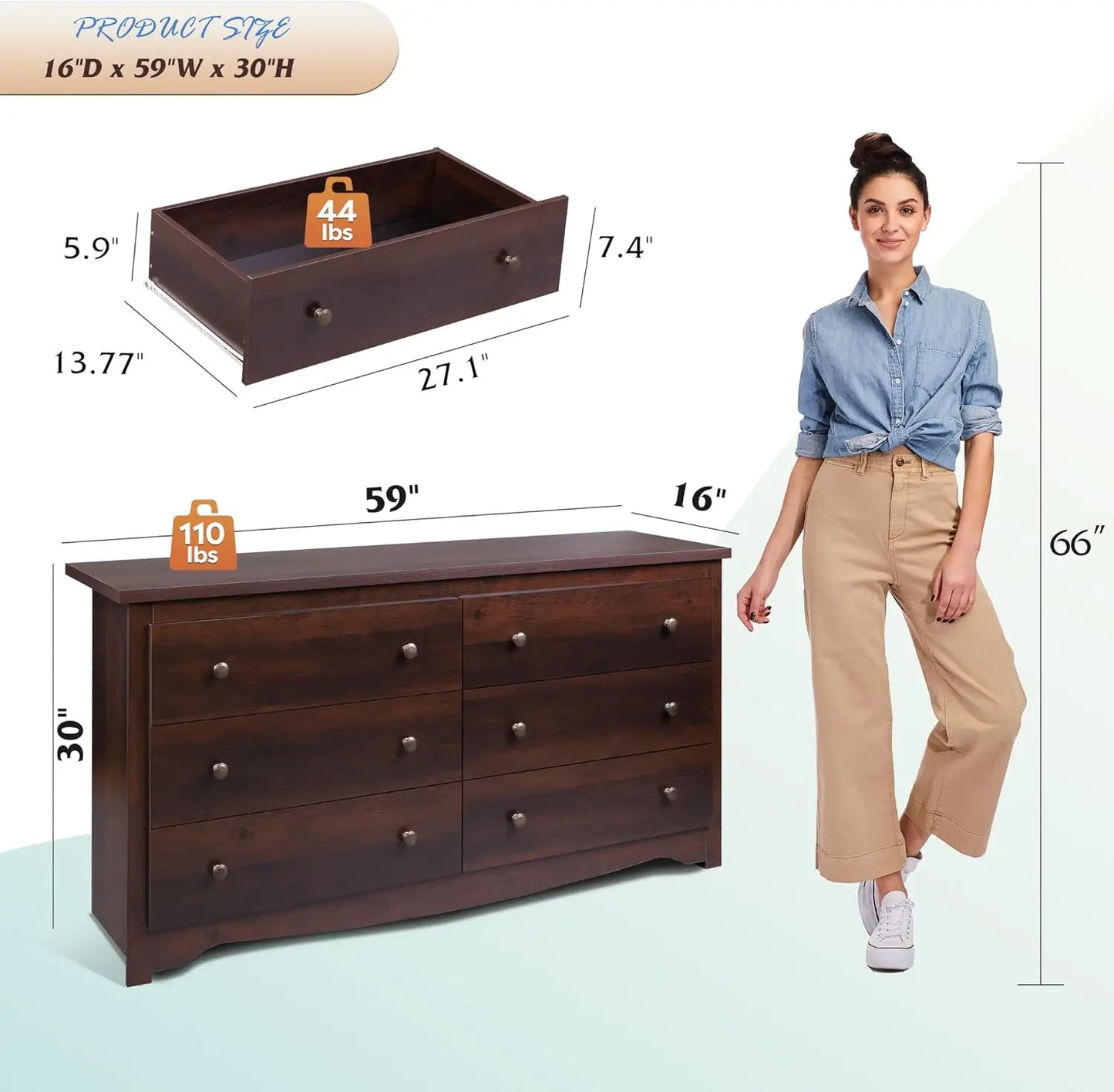 Wooden 6-Drawer Wide Dresser – Modern Chest & Closet Organizer
