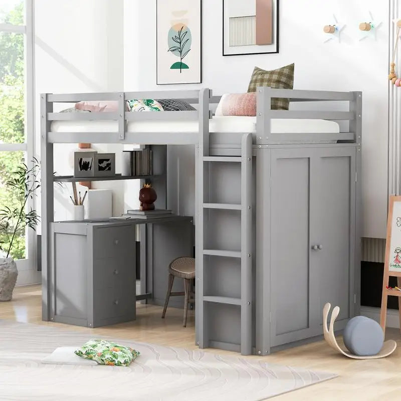 Gray Twin Loft Bed with Drawers, Desk & Wardrobe – Space-Saving Kids’ Bedroom Furniture