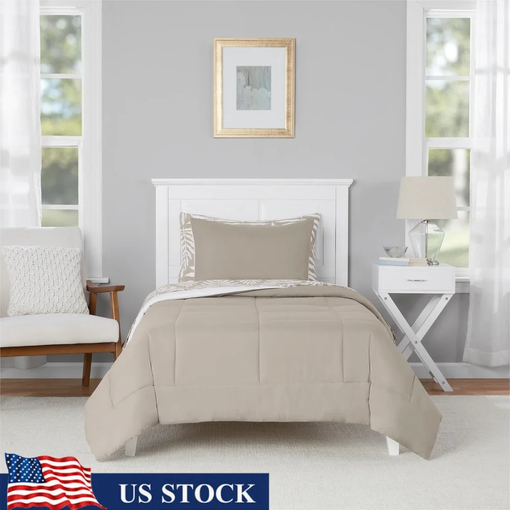 5-Piece Reversible Comforter Set with Sheets – Twin XL Beige Palm Print, Soft & Machine Washable