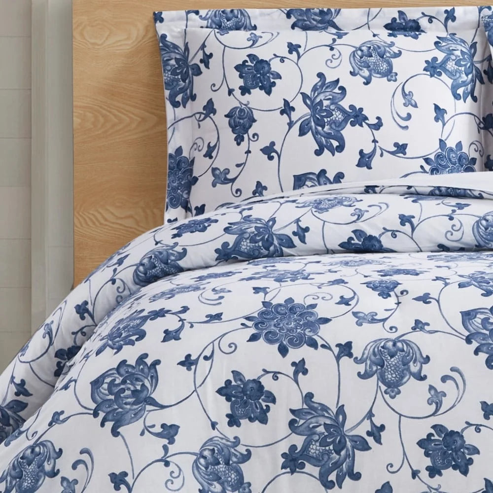 Blue Cotton Comforter Set – Twin XL, 2-Piece Floral Vine Pattern