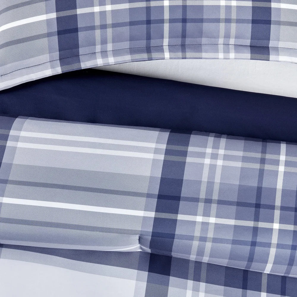7-Piece Full Bed-in-a-Bag Comforter Set – Blue Plaid Pattern with Sheets, Antimicrobial & Hypoallergenic Polyester