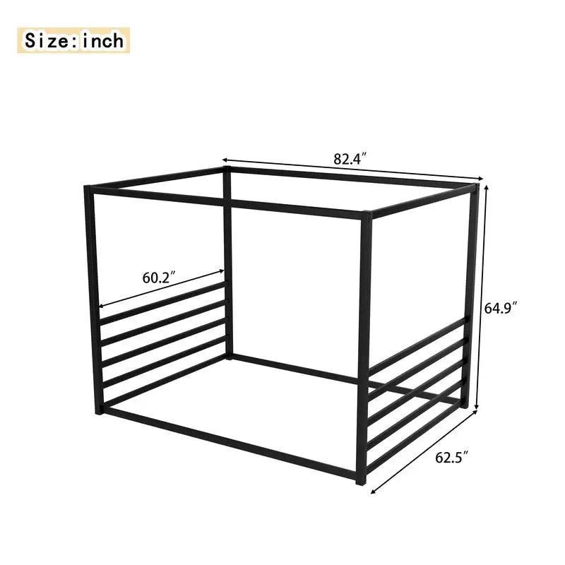 Queen Size Sunshade Floor Bed, Black Iron Frame, Low-Profile Design with Fence Guardrails
