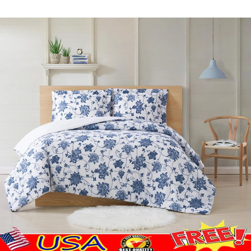 Blue Cotton Comforter Set – Twin XL, 2-Piece Floral Vine Pattern