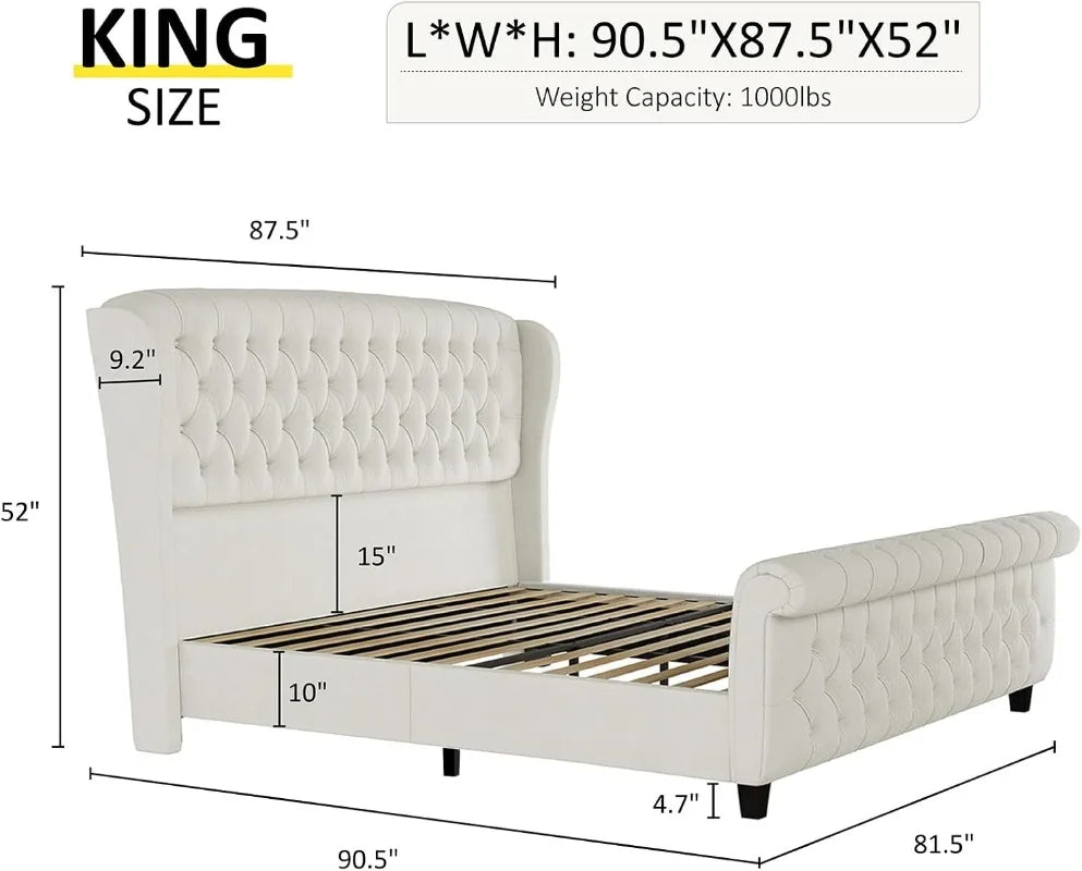 King Size Chenille Upholstered Sleigh Platform Bed, Curved Headboard & Footboard, Tufted Design