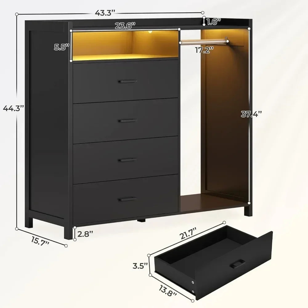 Modern Black Dresser with Clothes Rail & 4 Drawers – LED Lights & Open Storage for Bedroom or Entryway