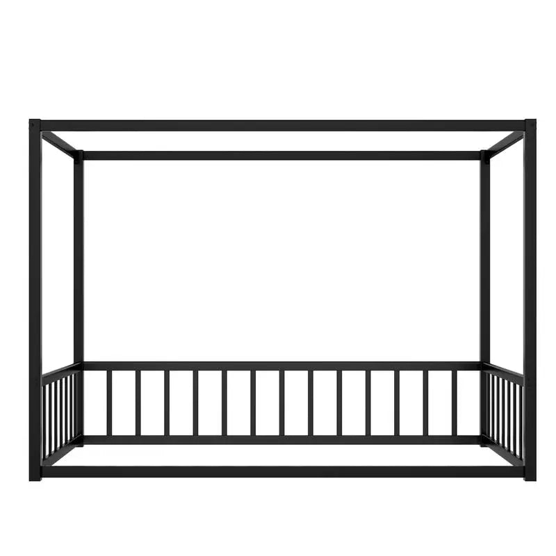 Modern Twin Size Floor Bed, Black Iron Frame, Low-Profile Design with Fence Guardrails
