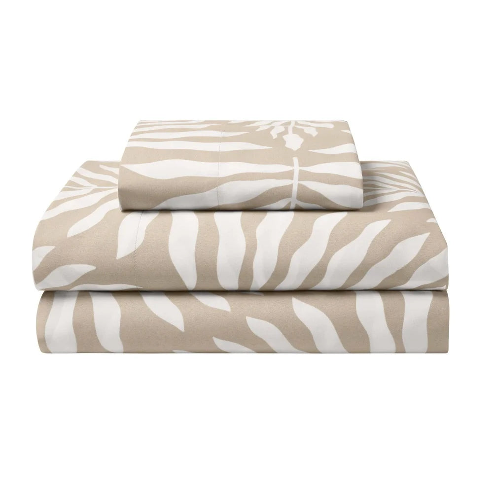 5-Piece Reversible Comforter Set with Sheets – Twin XL Beige Palm Print, Soft & Machine Washable