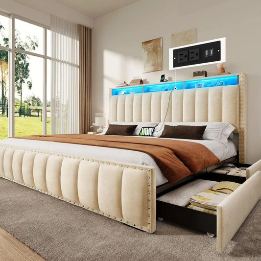 Queen Bed Frame with Storage Drawers & RGB LED Lights – Velvet Upholstered Platform with Charging Station