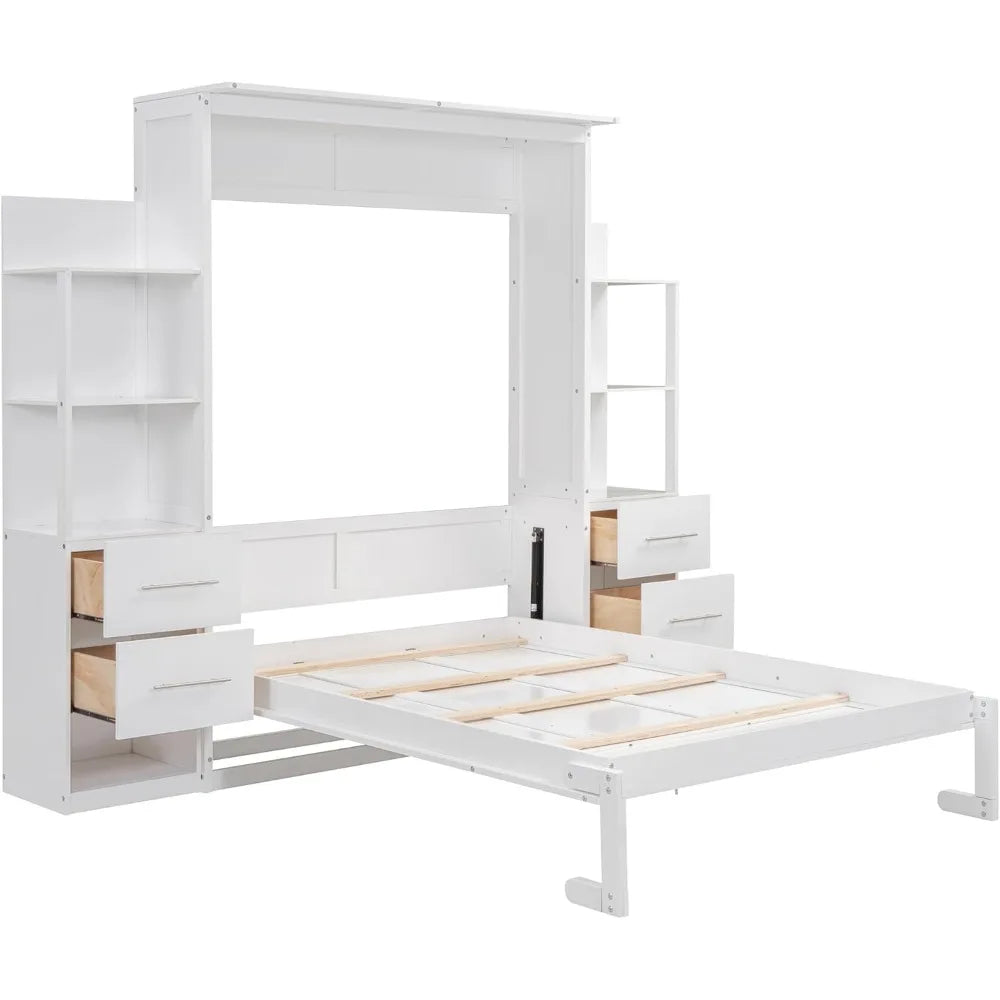 Harper & Bright Designs Full Murphy Bed with Storage Shelves, Drawers & LED Light
