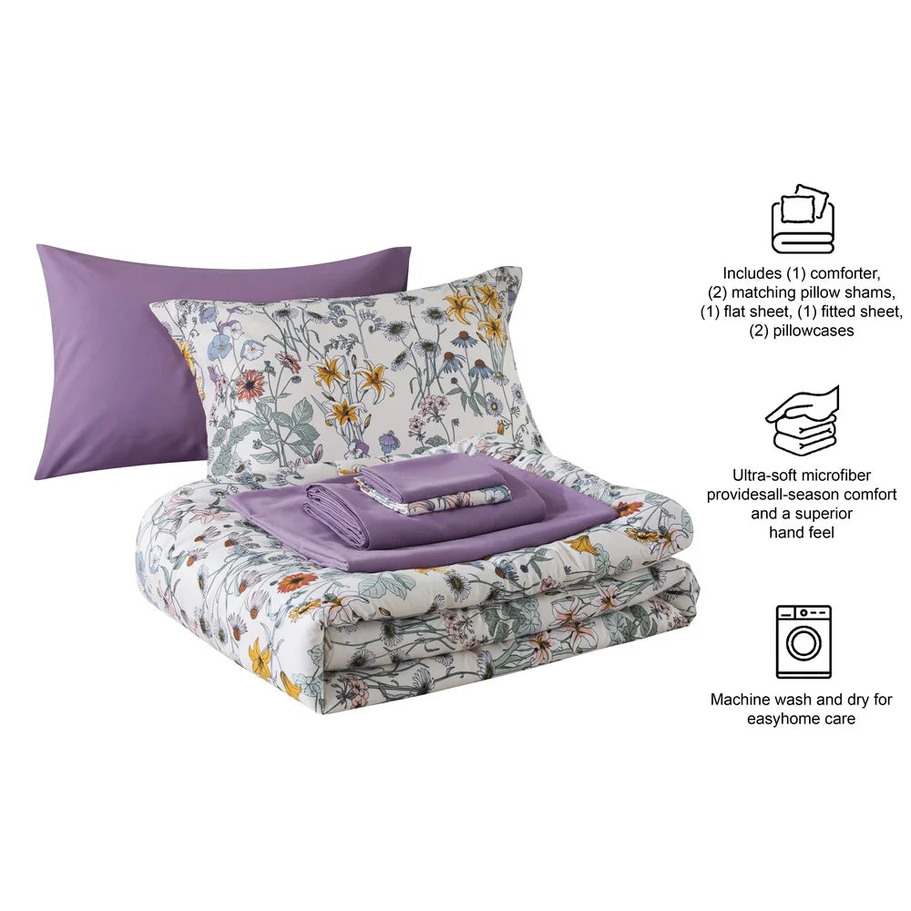 Piece Reversible Comforter Set with Sheets – Floral Print (King)