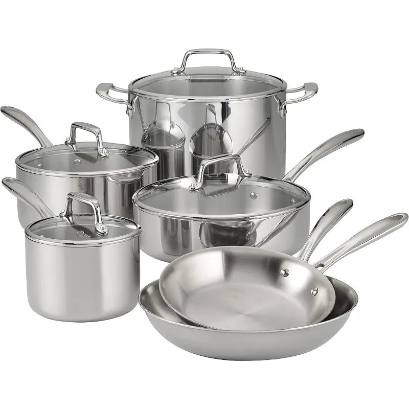 Tramontina Tri-Ply Clad Stainless Steel 10-Piece Cookware Set with Glass Lids – Induction-Ready Pots & Pans
