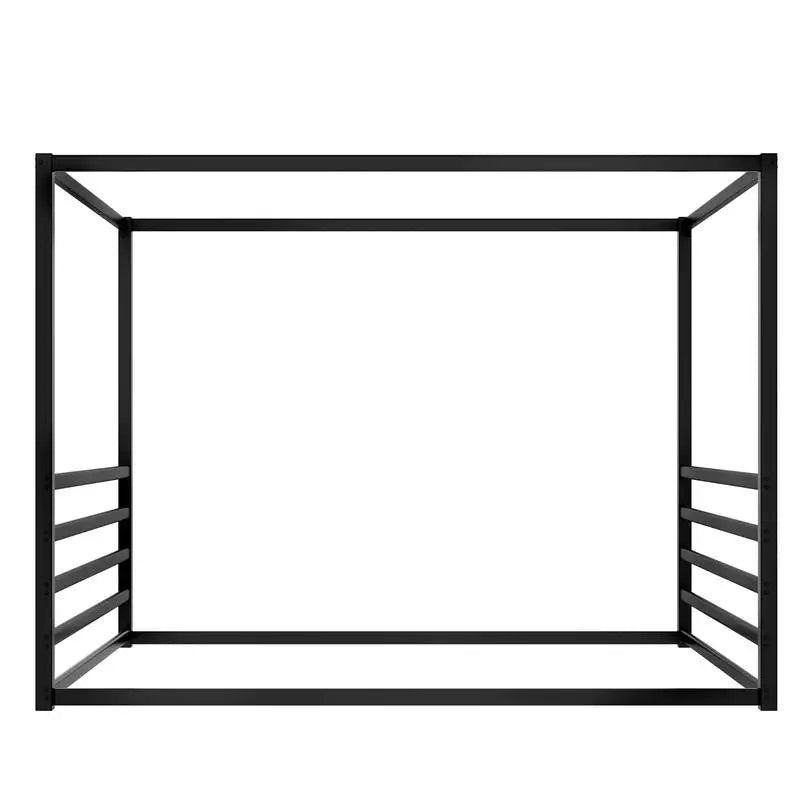 Queen Size Sunshade Floor Bed, Black Iron Frame, Low-Profile Design with Fence Guardrails
