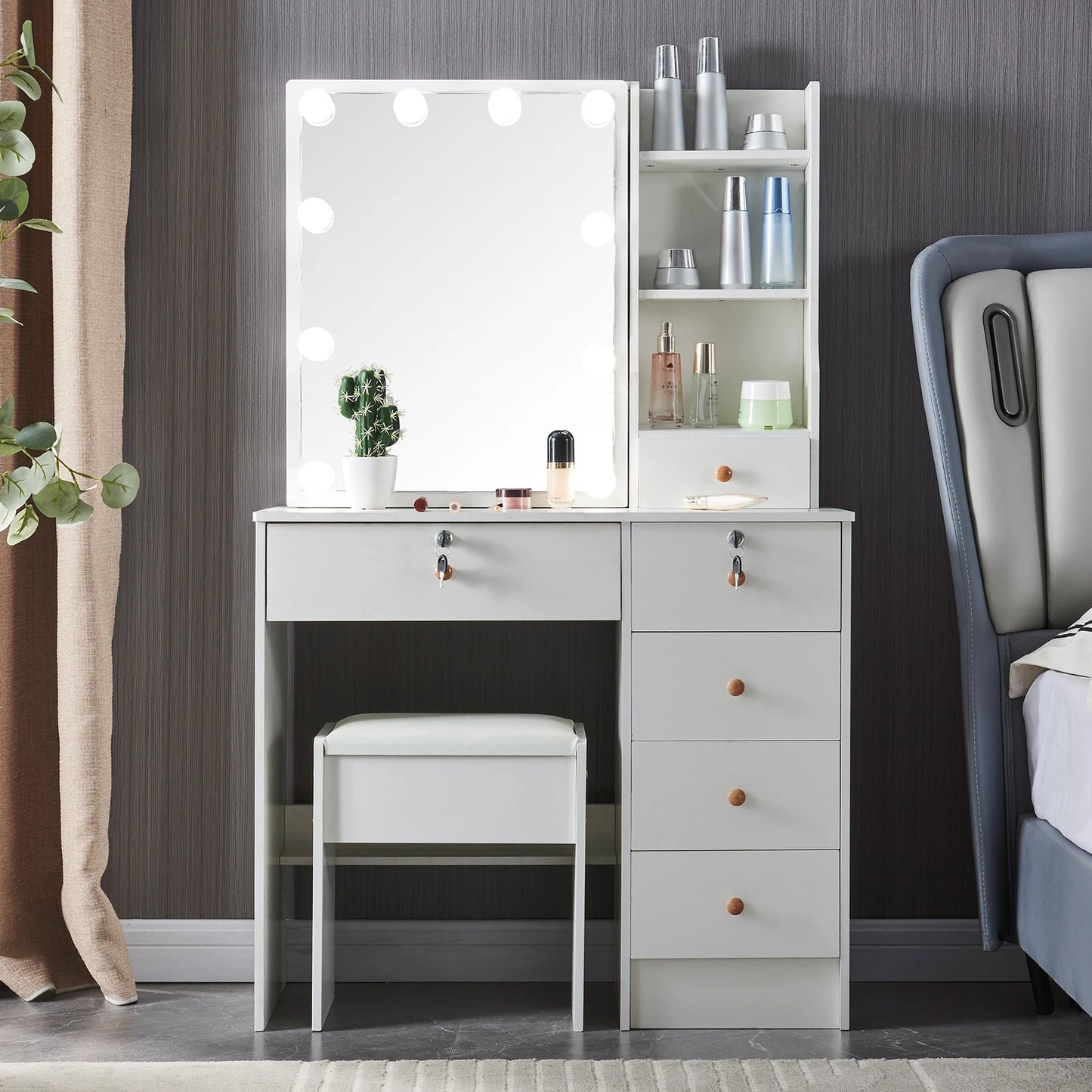 Makeup Vanity Table with Drawers & Stool – White Modern Desk Set