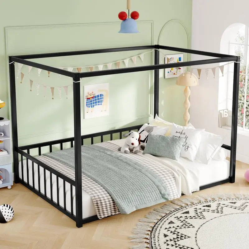 Full Size Sunshade Floor Bed Frame, Iron Double Bed, Modern Low-Profile Design, Fence-Style Guardrails, Black Series