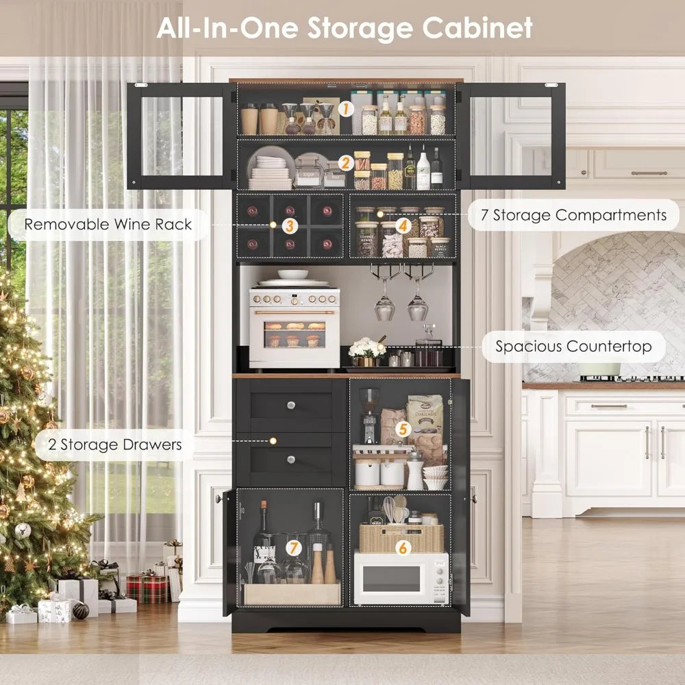 75" Coffee Bar Cabinet with Hutch – Pantry Storage Cabinet with Sliding Barn Door, Wine Rack & Shelves