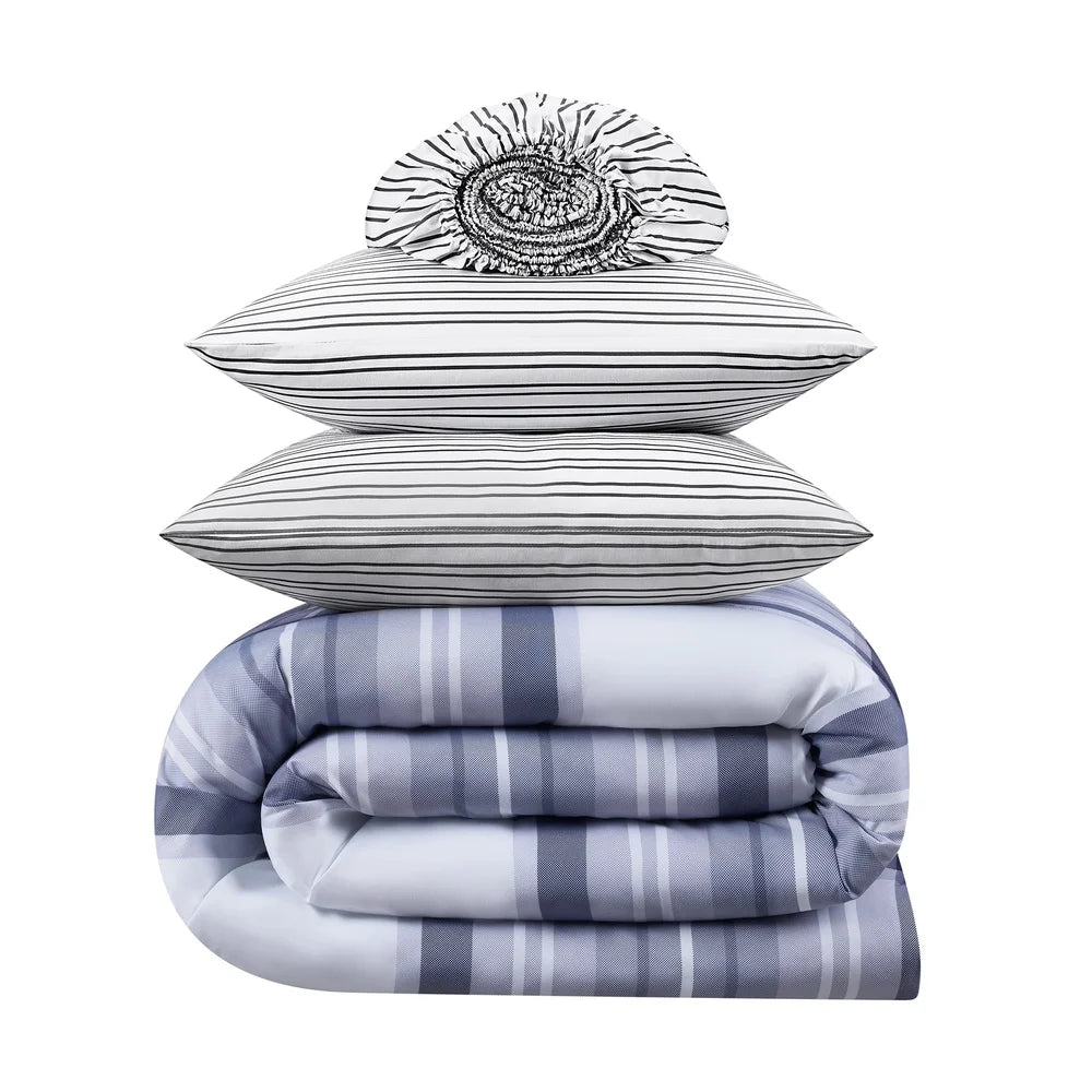 7-Piece Full Bed-in-a-Bag Comforter Set – Blue Plaid Pattern with Sheets, Antimicrobial & Hypoallergenic Polyester