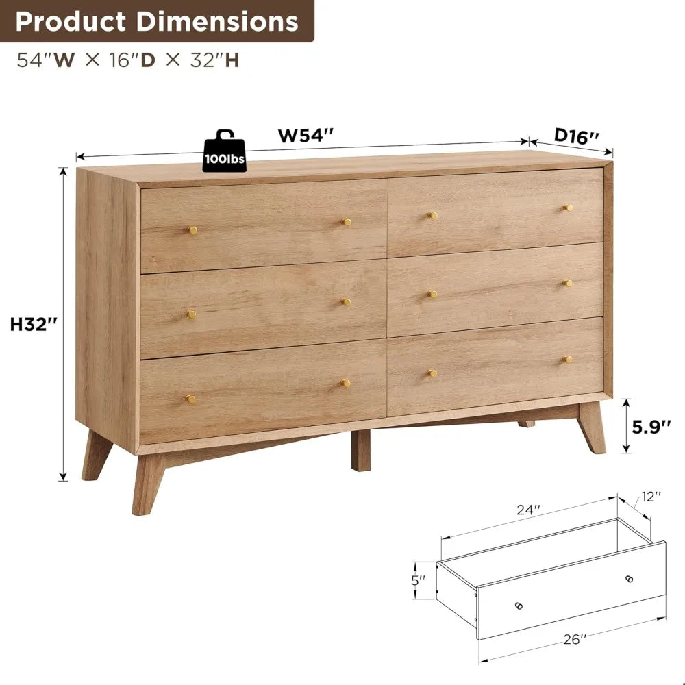 6 Drawer Mid-Century Modern Dresser – 54" Wide with Beveled Profile