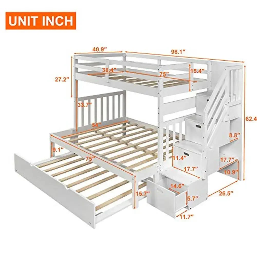 Solid Wood Twin Over Twin/Full Bunk Bed with Trundle, Storage Drawers & Staircase (Left-Side Access)