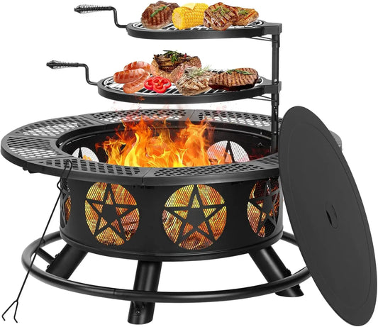 36" Wood Burning Fire Pit – Outdoor Firepit with 2 Grills, Lid & Poker for BBQ and Backyard