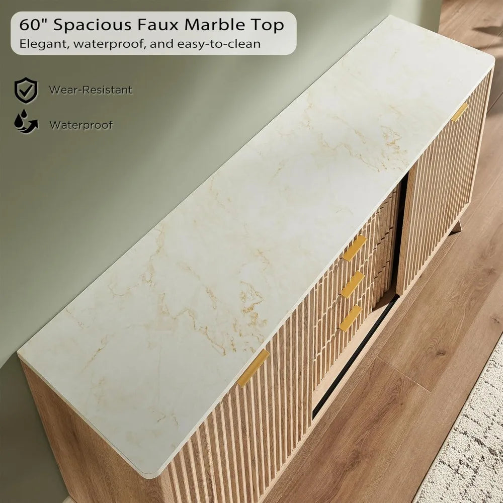 Fluted Dresser with Sliding Doors & Faux Marble Top