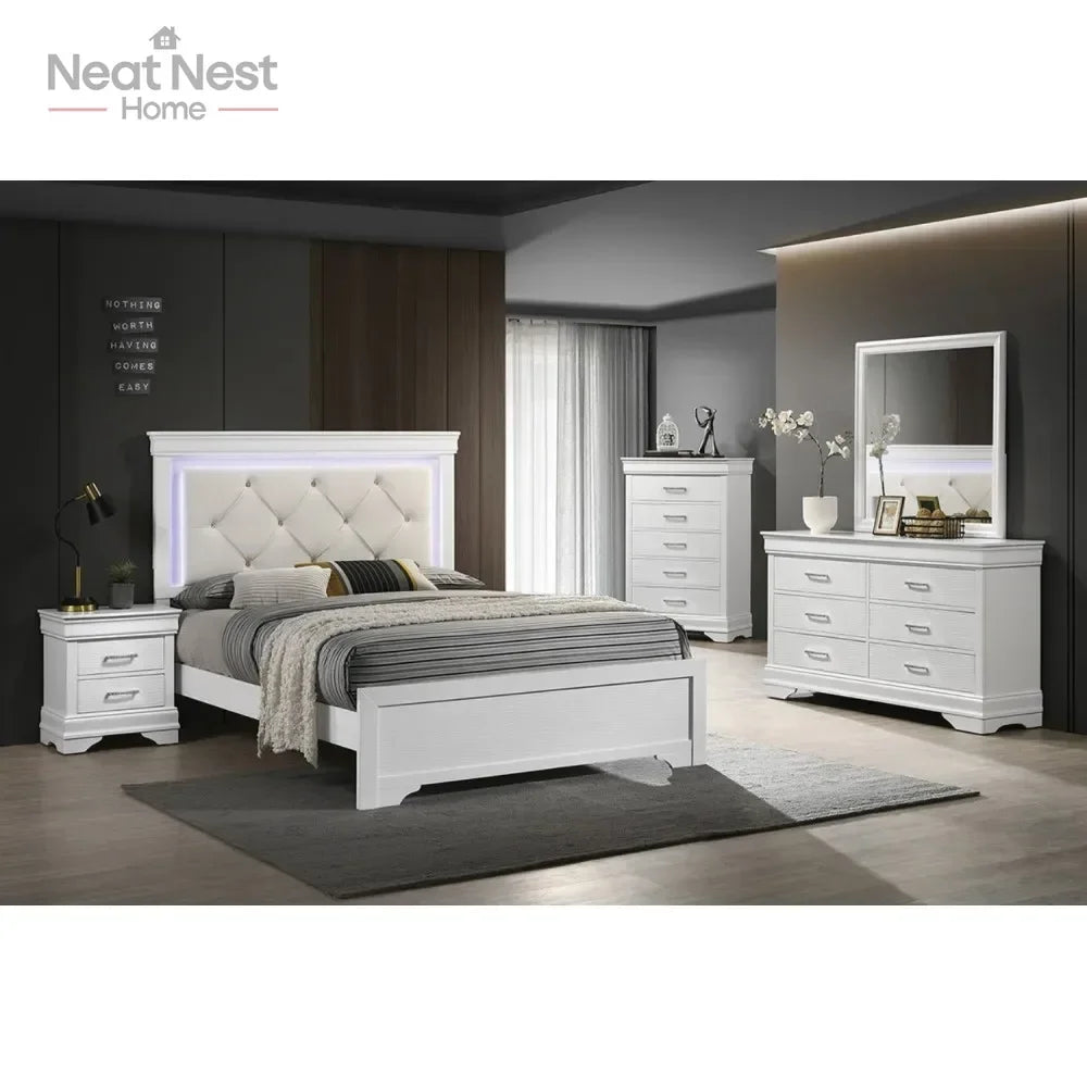 Queen Size White Faux Leather Bed Frame with Tufted LED Headboard & Solid Wood Base