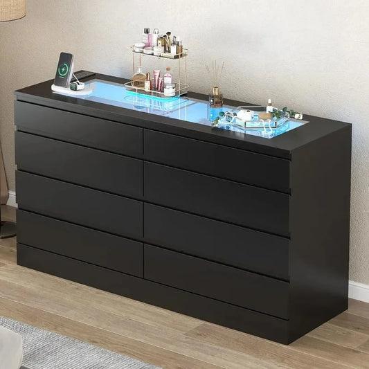 8-Drawer Dresser with Power Outlet, White Bedroom Chest with Glass Top & LED Light