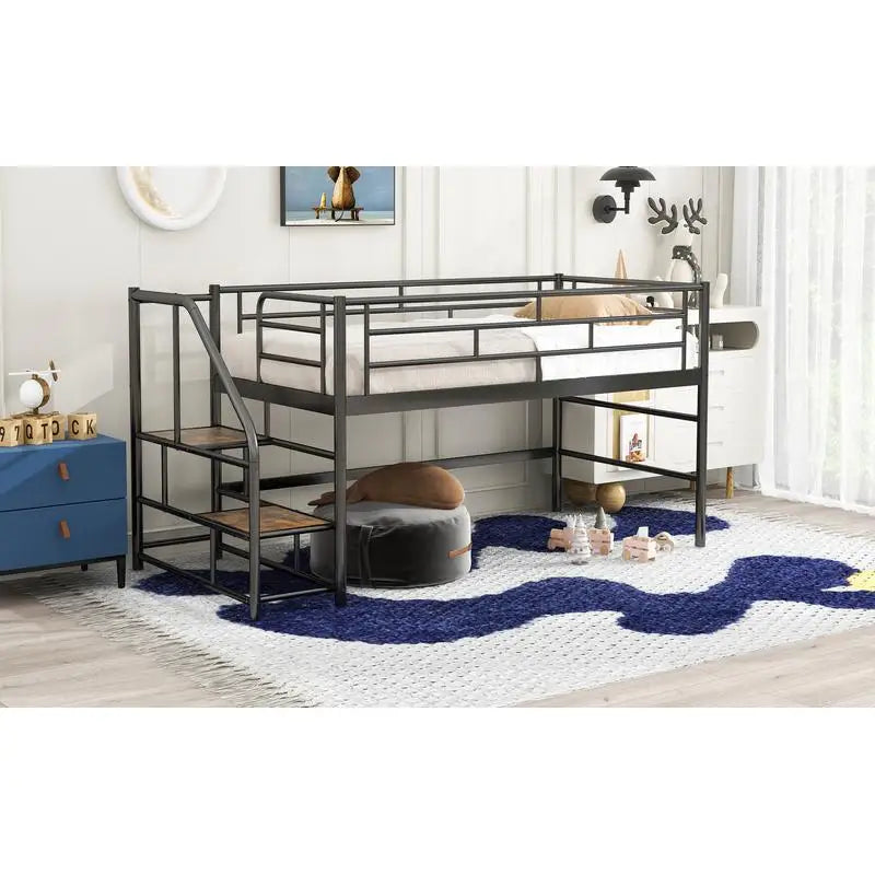 Twin Mid Loft Bed with Storage Steps, Black Finish, Space-Saving Design