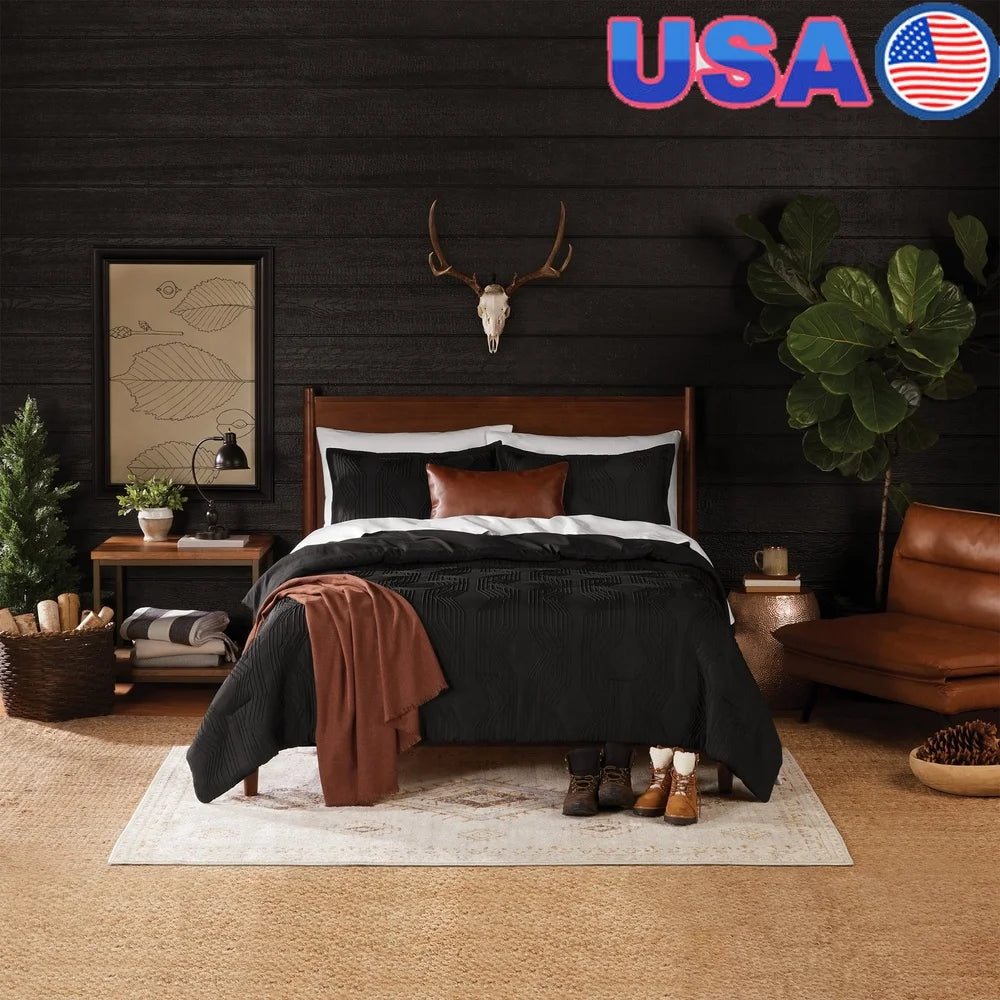 5-Piece Black Jacquard Comforter Set – Full/Queen Size with Shams & Decorative Pillow