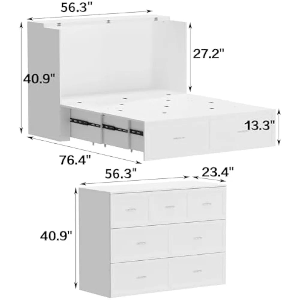ECACAD 2-in-1 Murphy Cabinet Bed – Full Size Frame with Power Strip & 3 Storage Drawers