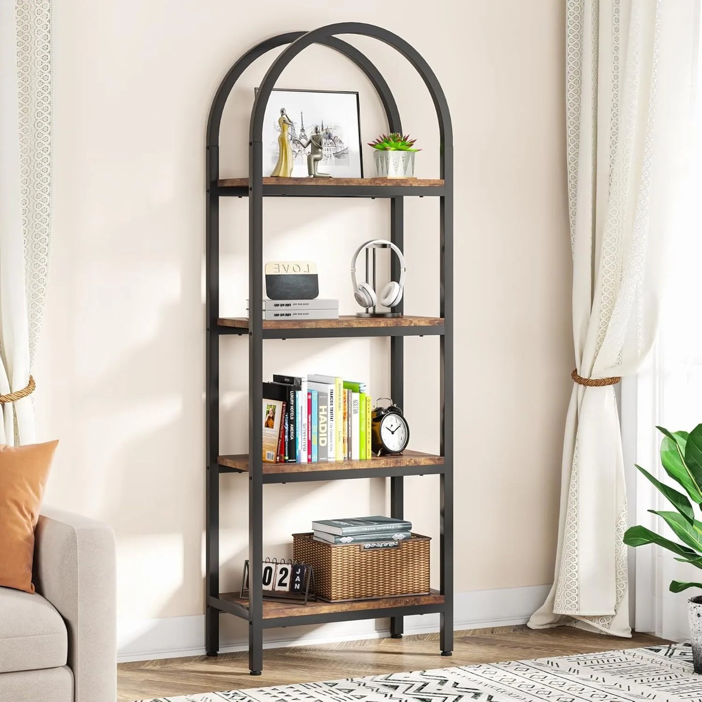 71" Arched Bookcase – Tall Farmhouse Storage Rack with Wooden Shelves for Bedroom, Living Room & Home Office