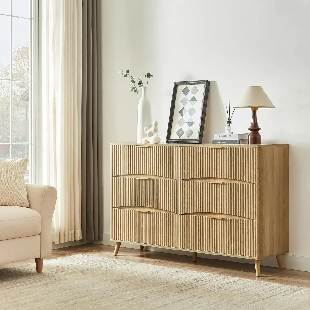 Wide 6 Drawer Light Wood Curved Dresser – Mid-Century Modern Chest