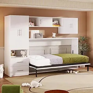 Harper & Bright Designs Full Murphy Bed with Storage Shelves, Drawers & LED Light