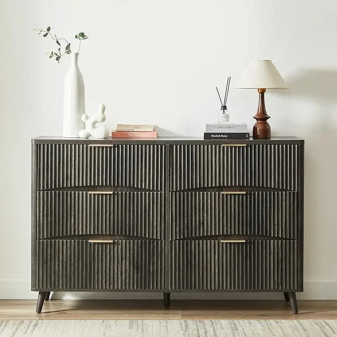 Wide 6 Drawer Light Wood Curved Dresser – Mid-Century Modern Chest
