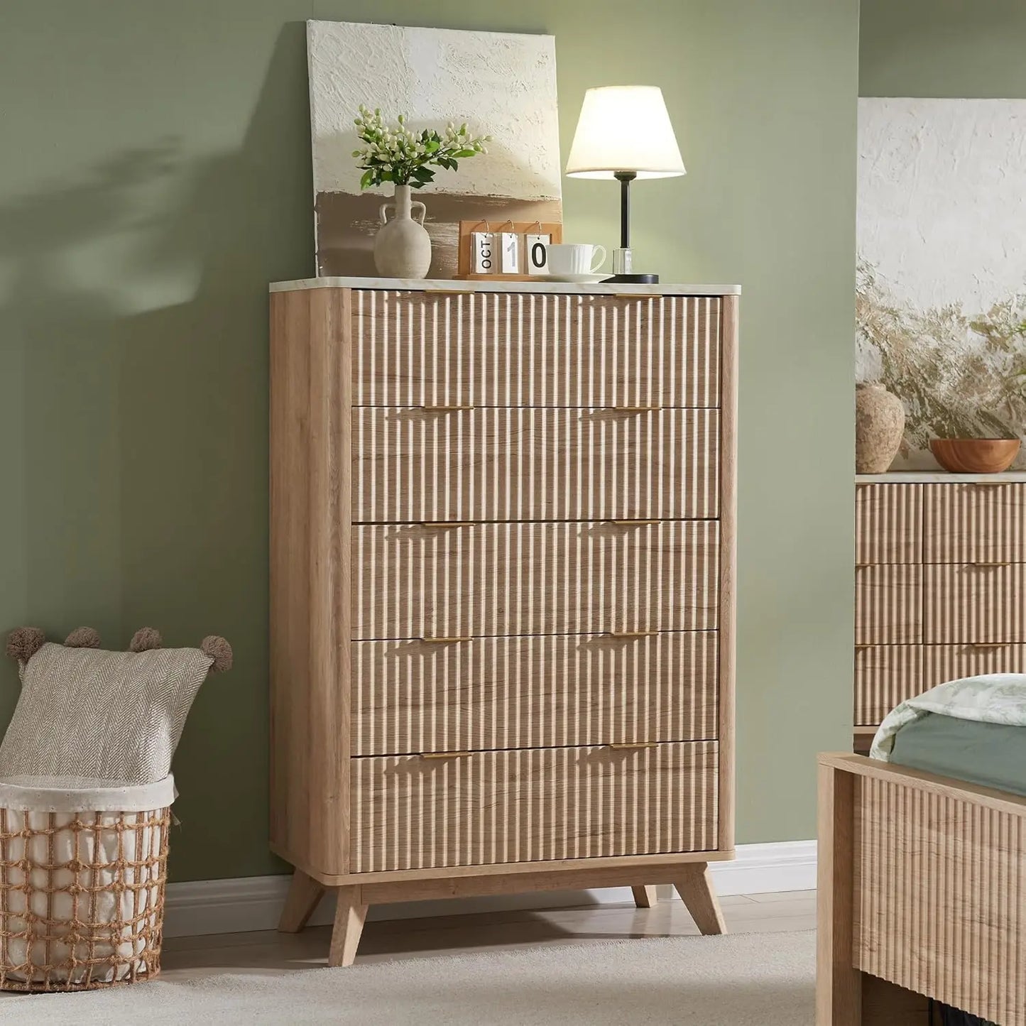 Fluted 5-Drawer Modern Dresser – 48" Tall Chest with Faux Marble Top