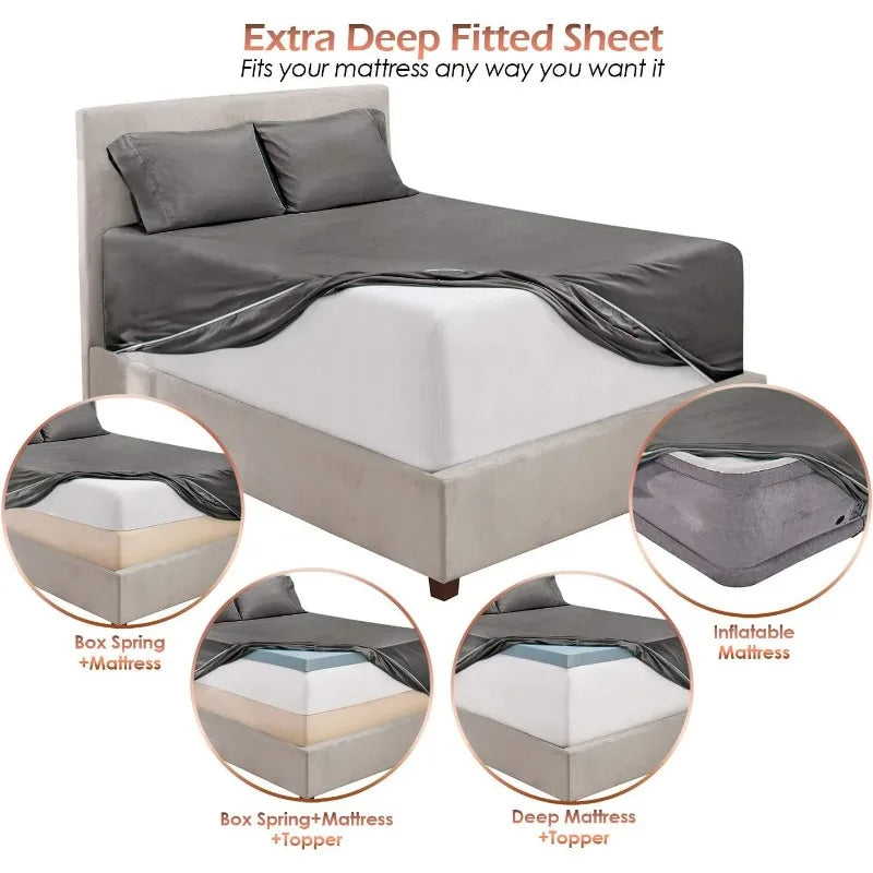 Extra Deep Pocket King Size Sheets Sets - Fits Mattress 18-24 Inches, 6 Piece - Grey Sheets