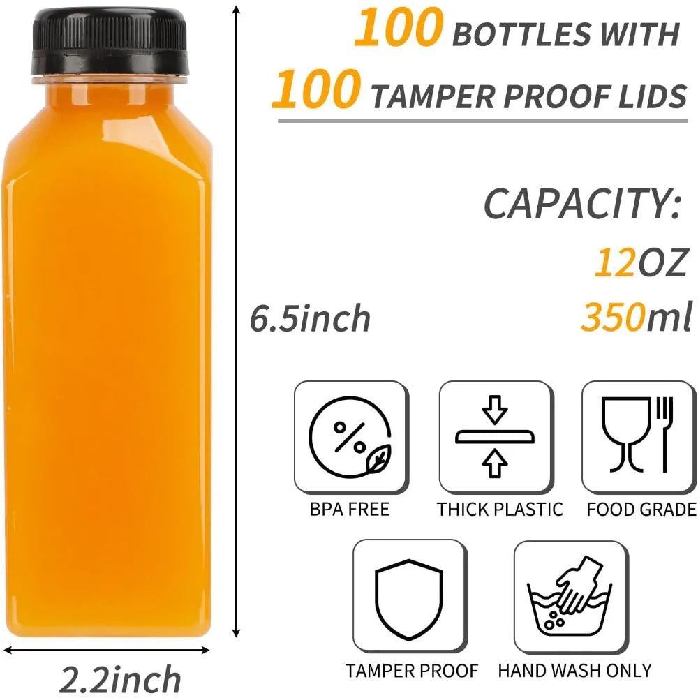 Hot-Sell! 100pcs 12oz Plastic Reusable Juice Bottles with Caps – Clear Bulk Beverage Containers with Lids, Labels, Funnel & Brush
