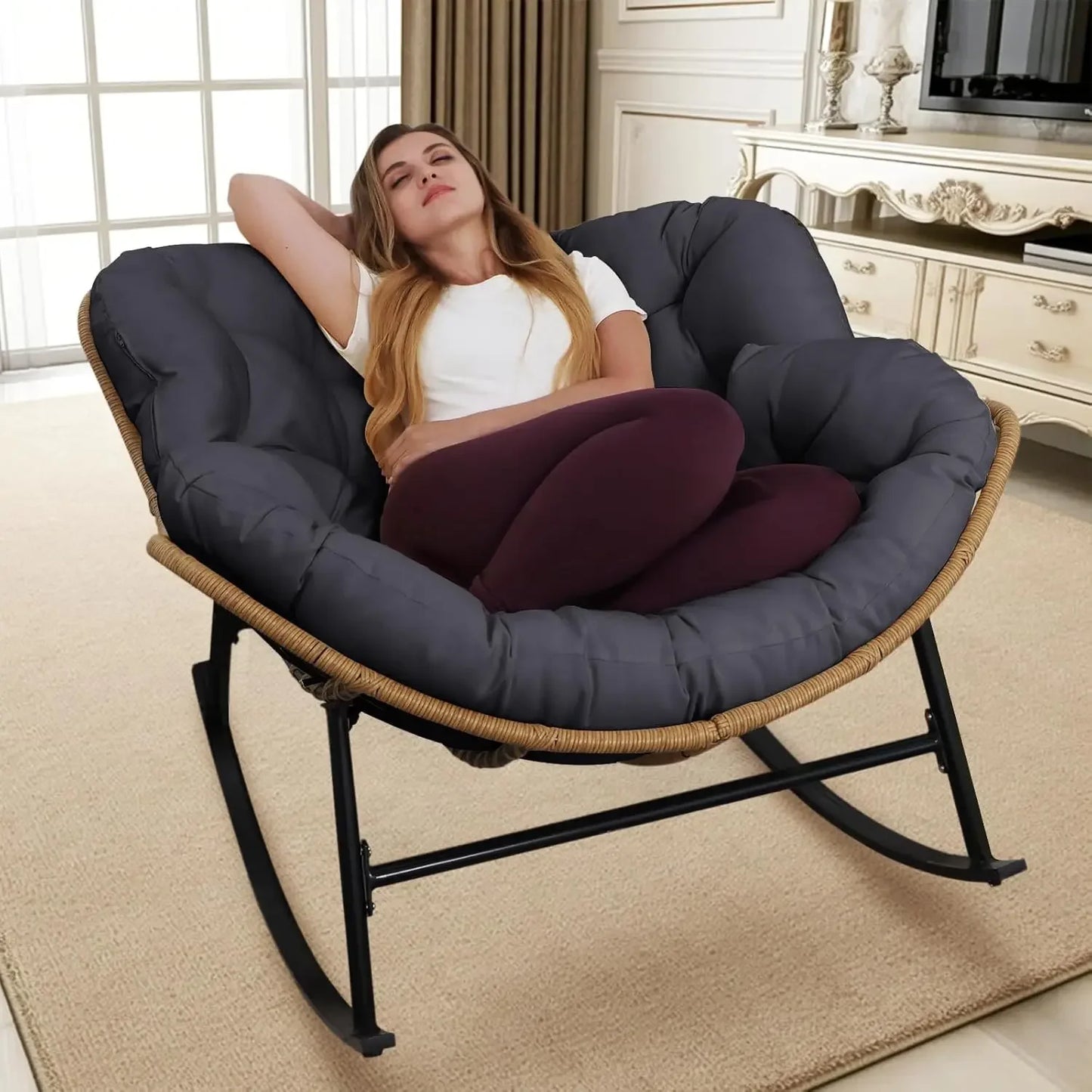 Outdoor Papasan Rocking Chair with Padded Cushion, Oversized PE Rattan Comfy Royal Rocking Lounge Chair, Modern Comfy