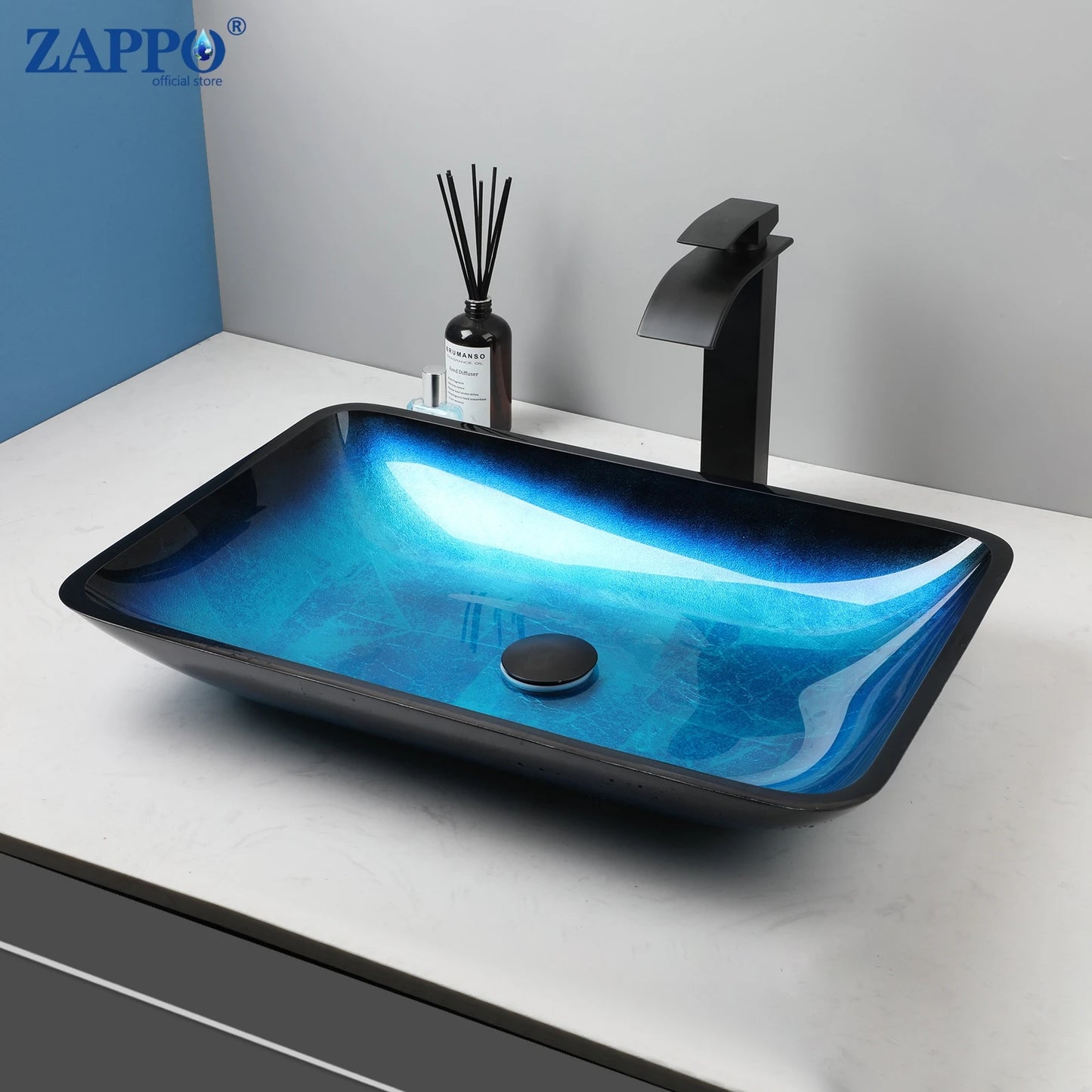 ZAPPO Blue Tempered Glass Vessel Sink – Oval Above-Counter Basin with Black Waterfall Faucet