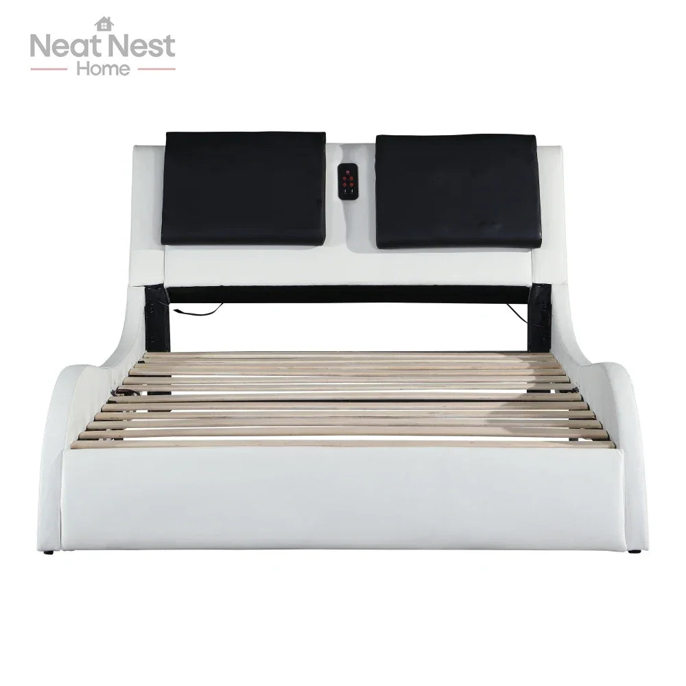 Queen Size Faux Leather Upholstered Platform Bed, LED Lighting, Bluetooth Music & Smart Massage