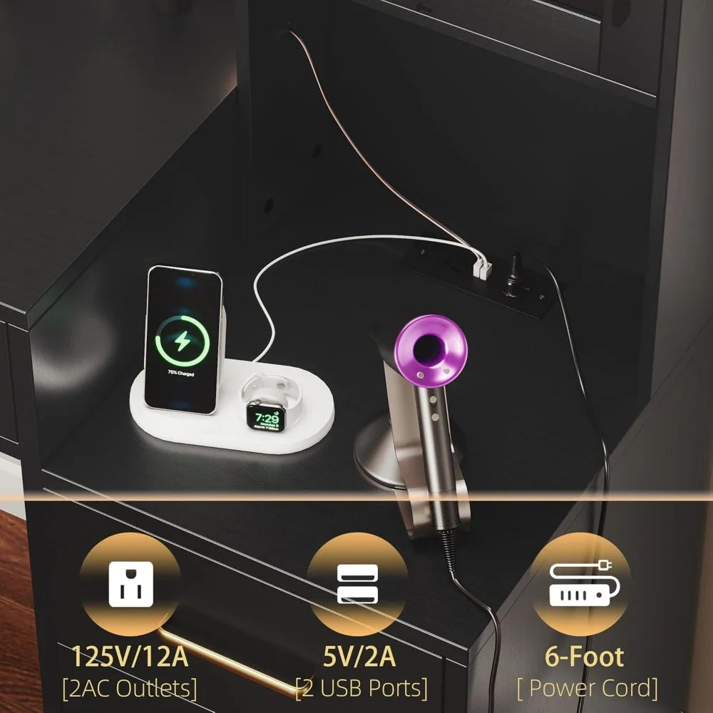 Black Vanity Desk with Mirror, Lights & Charging Station,  58.3" 3 Lighting Modes Makeup Desk