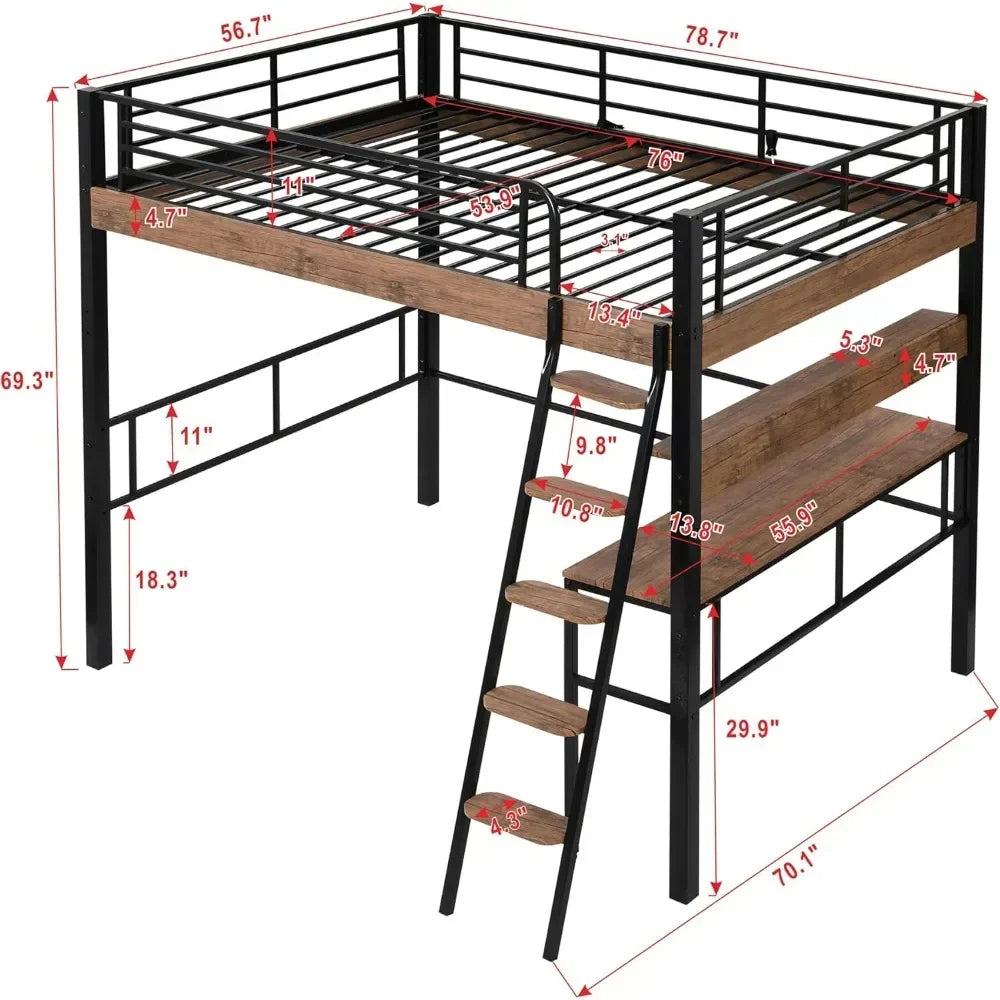 Full Size Metal Loft Bed with Desk, Storage Shelf, Built-in Ladder & Full-Length Guardrails